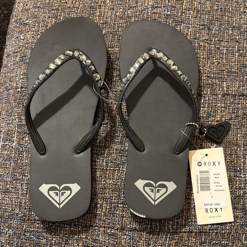 Roxy Charcoal Flip Flops with Metallic Details